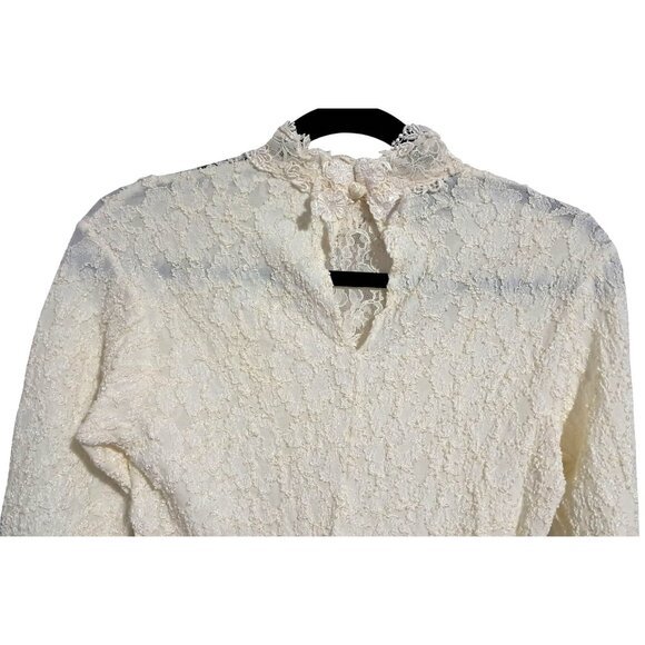 Vintage Margot Lew Lace Blouse With Mock Neck & Long Sleeves In Ivory - Picture 6 of 7